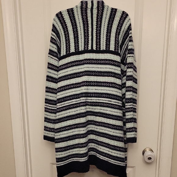 Talbots Plus Cardigan Open Front Stretch Navy Mint Teal White Fair Isle Print - Picture 10 of 12